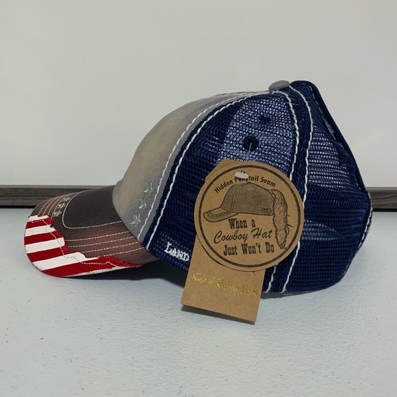 Catchfly Women's "Land of the Free" Distressed Ponytail Baseball Hat/Cap-OS NWT - Picture 4 of 14